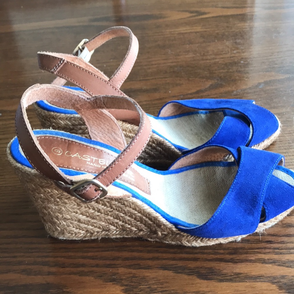 Casteller hand made in Spain cobalt suede/tan leather wedge espadrilles EUC